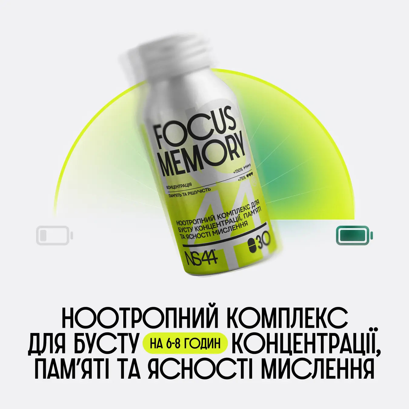 Постер NS44 Focus Memory з флаконом і шкалою, буст концентрації, пам’яті та ясності мислення на 6–8 годин
