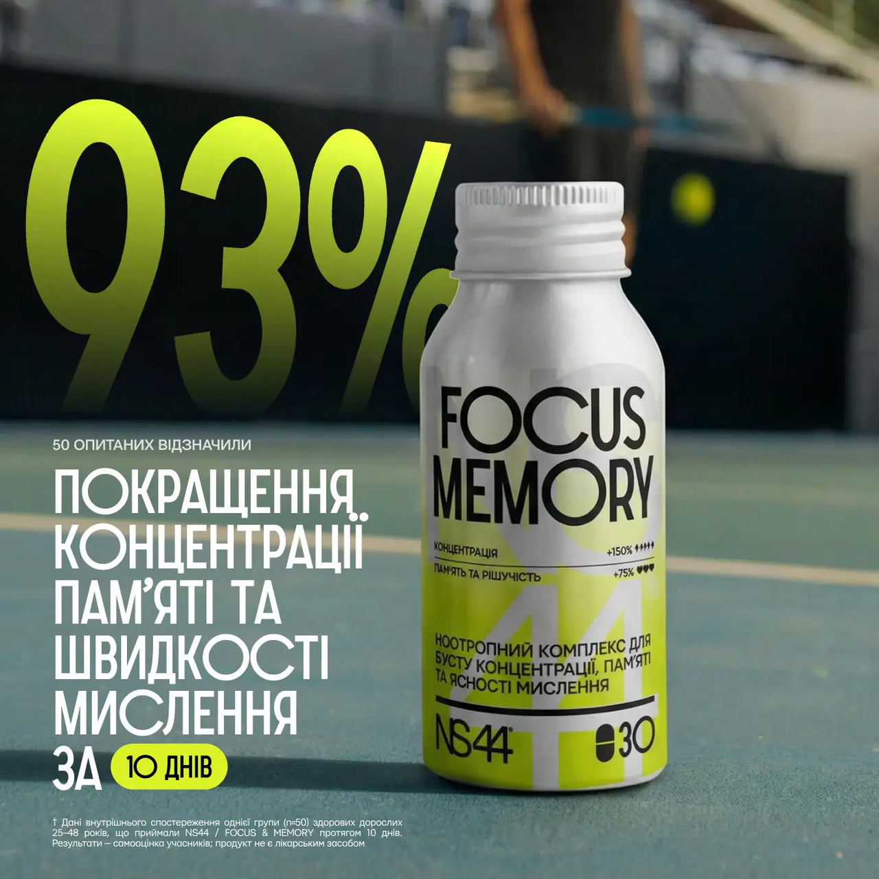 Флакон NS44 Focus Memory на корті, постер з результатом 93% і згадкою “за 10 днів”